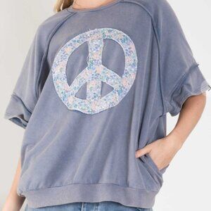 Blue Velvet Peace Sign Patch Front Short Sleeve Pullover